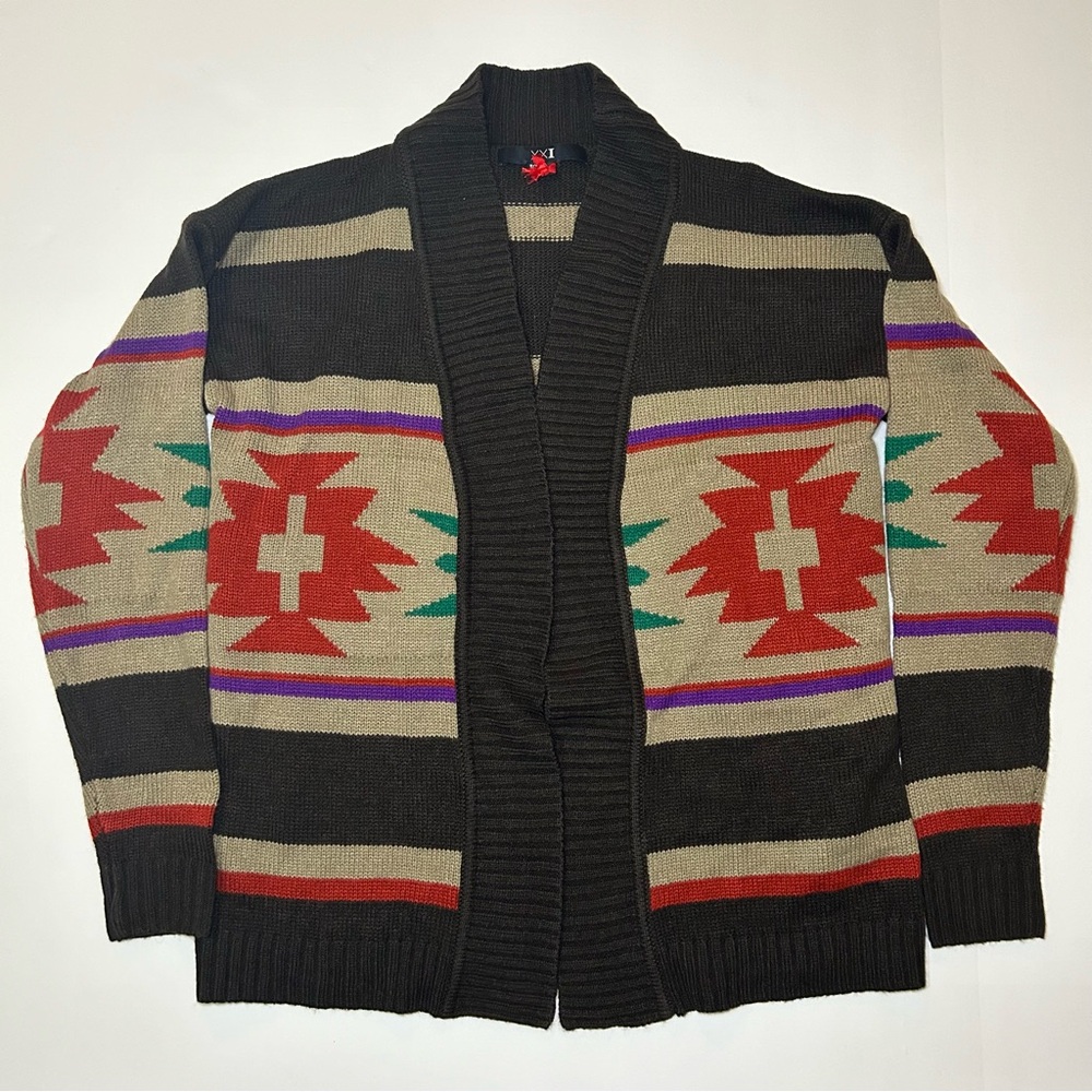 FOREVER 21 Women’s Cardigan Brown Tan with Geometric Pattern Red Green Purple